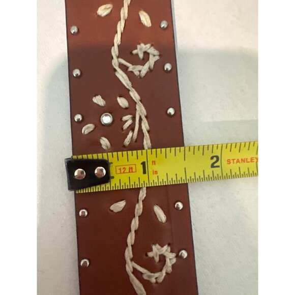 Womens Belt Brown Top-Grain Leather Embroidered Amber Floral Enamel Buckle Boho - Picture 6 of 8